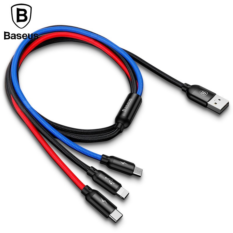 Baseus 3in1 Cable USB para teléfono móvil con 3 plugs estándar para iphone o samsung 